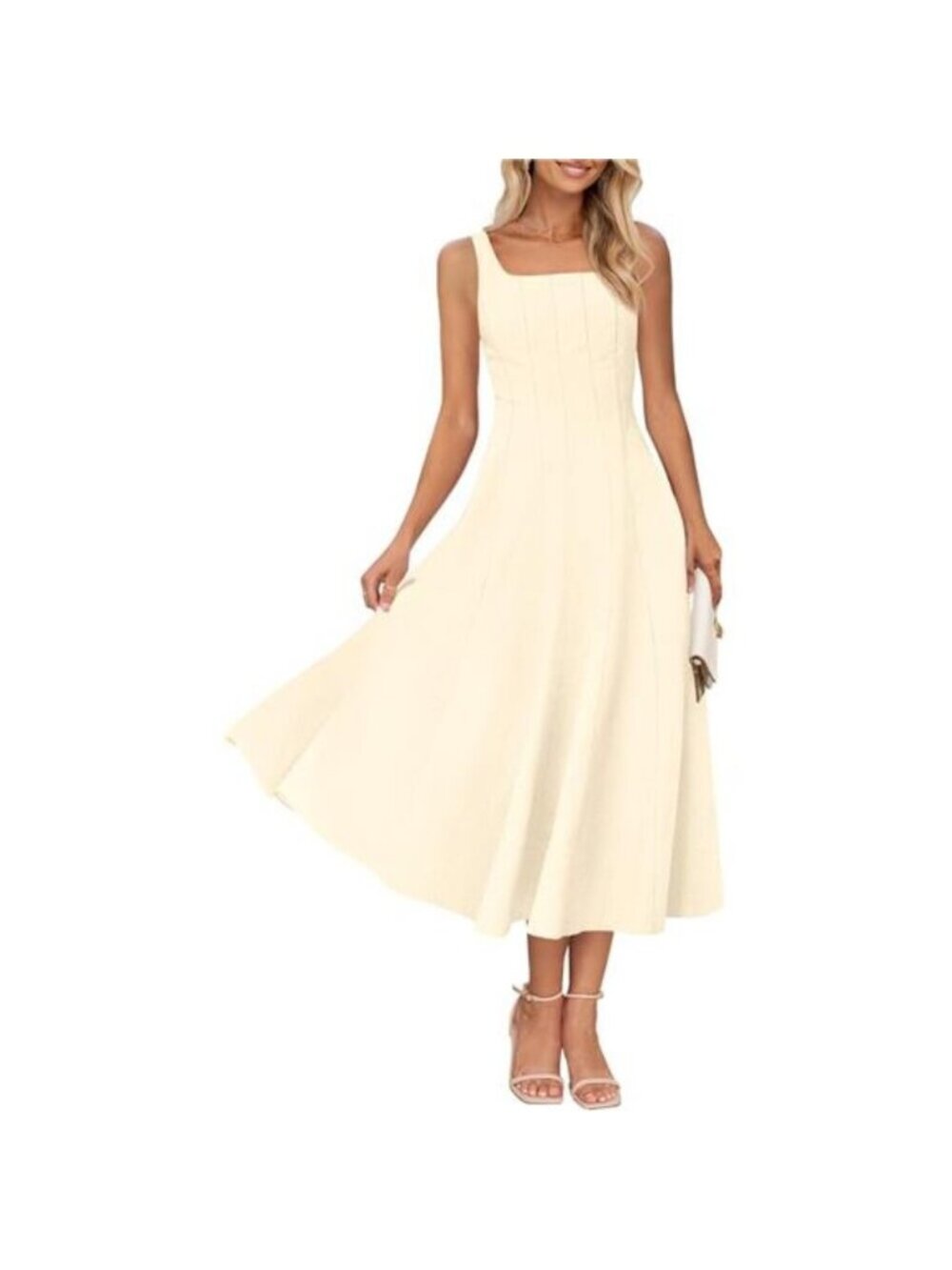 Women's Summer Sleeveless Midi Dress Square Neck Smocked Flowy Dress, Apricot
